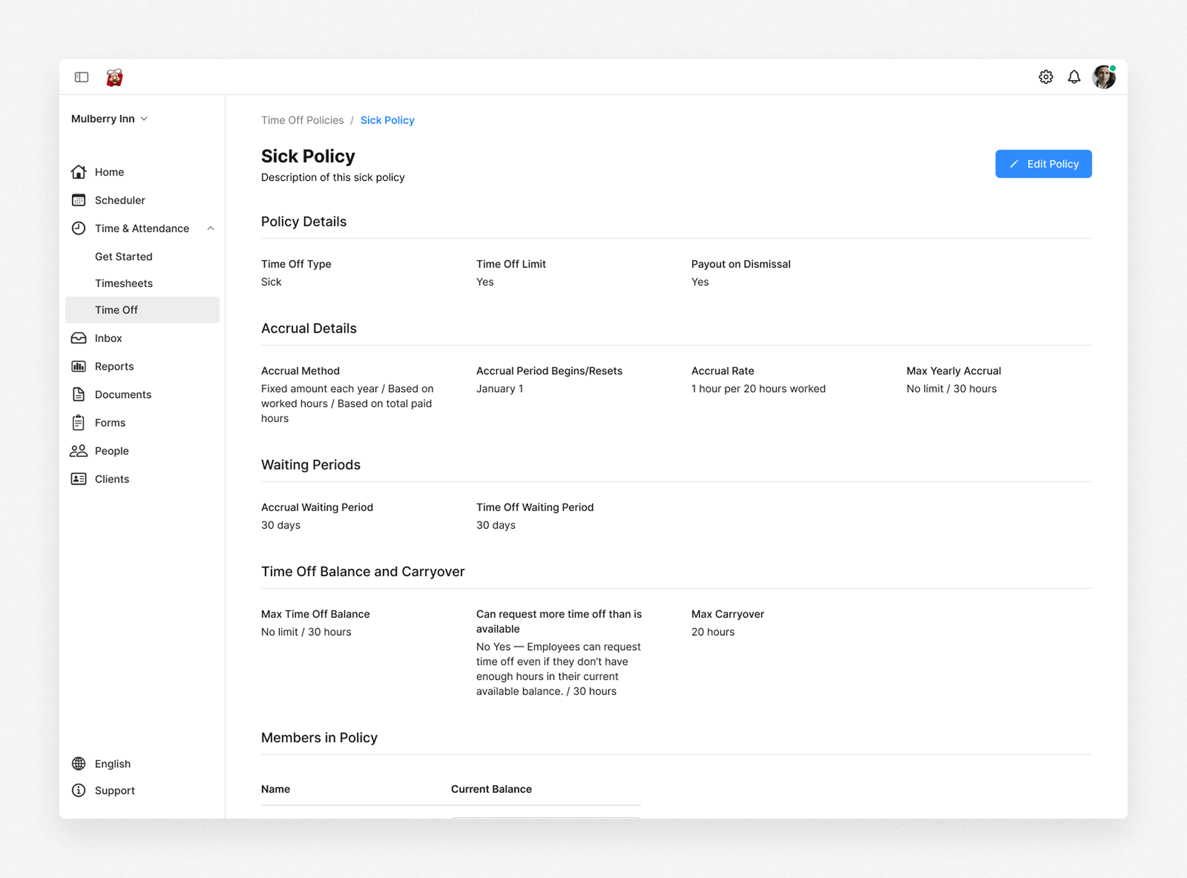 Time off policy setup
