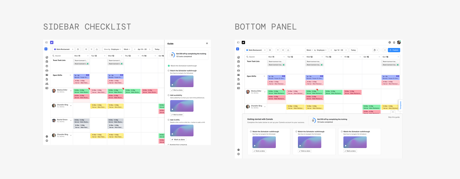 explore onboarding panels across feature pages