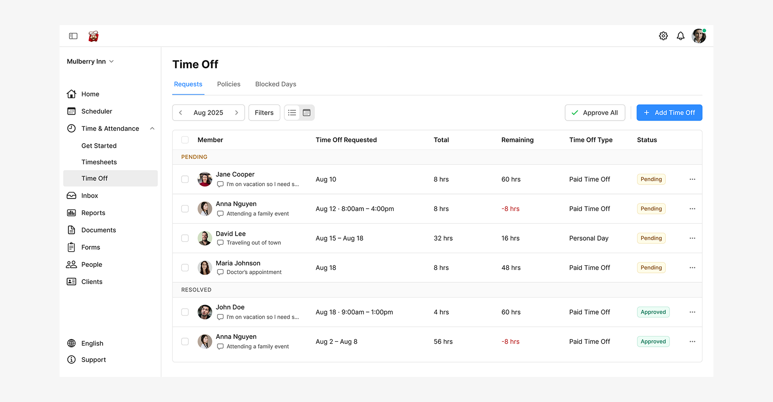 The existing list view of time off requests